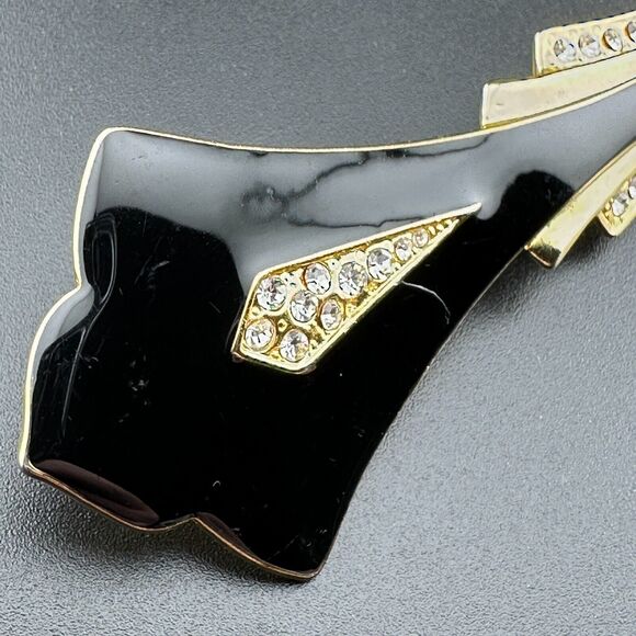Vintage Art Deco Style Gold-Tone Brooch w Sparkly Rhinestones Black Enamel 3.2" - Picture 8 of 9